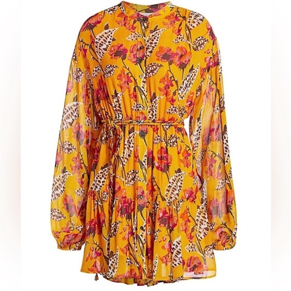 A.L.C. Yellow Floral Silk Jen Mini Dress Long Sleeve Belted Shirtdress Size XS S - Picture 11 of 16